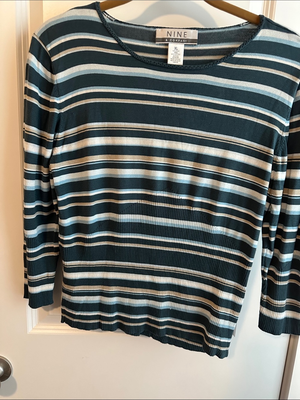 Nine & Co. Striped Crewneck Sweater in Teal and Cream